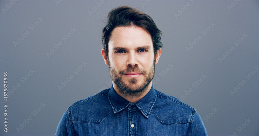 Confidence, portrait and man in studio with positive mindset for creative, career growth and business. Writer person, freelancer and professional with gray background, mockup space and entrepreneur Confidence, portrait and man in studio with positive mindset for creative, career growth and business. Writer person, freelancer and professional with gray background, mockup space and entrepreneur