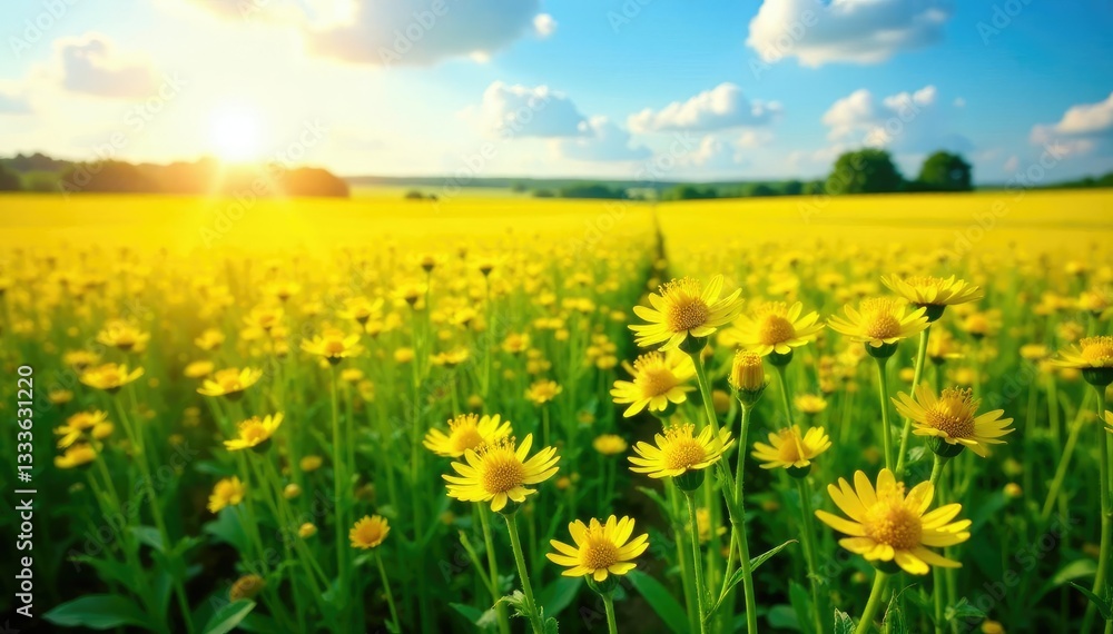 Field of rapeseed with oil beet blossoms scattered throughout the landscape, sunshine, summer, rapeseed Field of rapeseed with oil beet blossoms scattered throughout the landscape, sunshine, summer, rapeseed