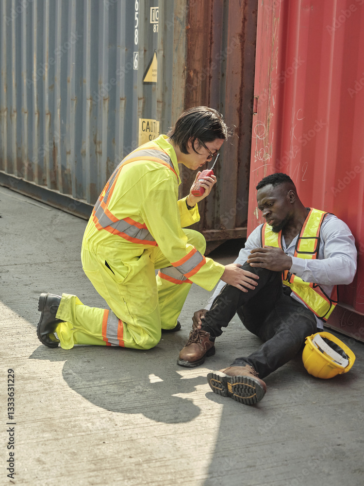 African-American male engineer injured in accident while working on unloading containers. Safety team helps him out of accident. First aid and safety training concept.