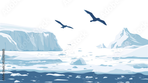 A stylized illustration depicting an arctic landscape. The color palette is predominantly shades of blue.  Two stylized birds are shown in flight against a backdrop of icebergs, glaciers, and