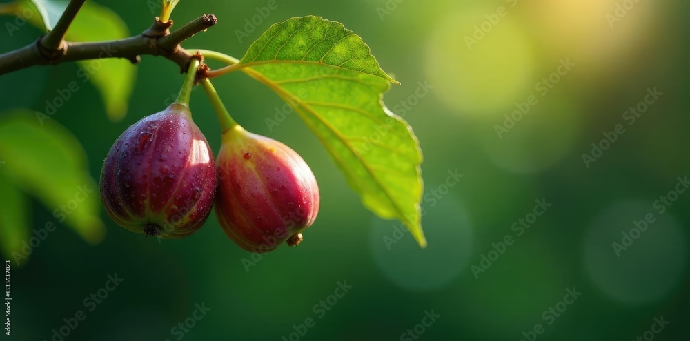 Fig on a tree branch with dew-covered leaves and fallen flowers, fig, tree, foliage Fig on a tree branch with dew-covered leaves and fallen flowers, fig, tree, foliage