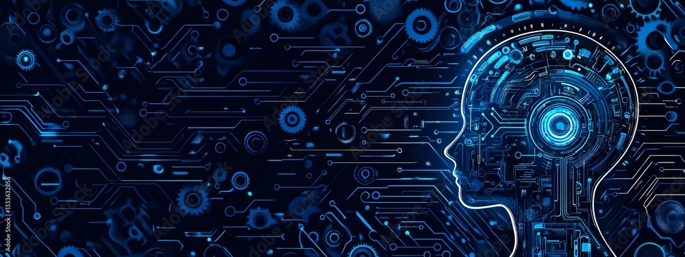 Artificial intelligence concept with digital human head profile on circuit board background. Blue technology illustration for AI, machine learning, and neural network Artificial intelligence concept with digital human head profile on circuit board background. Blue technology illustration for AI, machine learning, and neural network