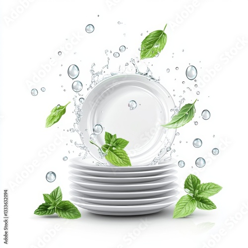 Stacked white plates, clean water splash, fresh herbs, studio setting