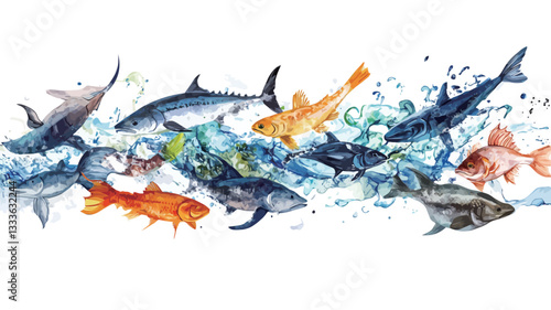 A watercolor painting depicts a variety of fish species, including sharks, tuna, and goldfish, rendered in a dynamic composition. The fish are shown in a lively arrangement, appearing to leap from