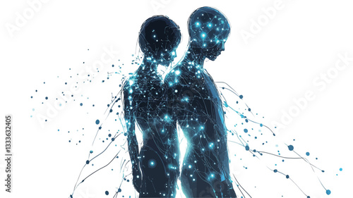 The image depicts two stylized human figures, rendered in a digital, almost translucent style.  Their bodies are outlined and partially filled with a network of glowing blue particles or lines.