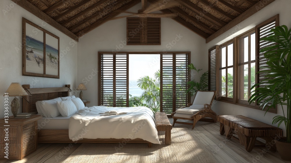 Beachfront bungalow-style hotel room with tropical wood furniture, thatched roof, and open windows Beachfront bungalow-style hotel room with tropical wood furniture, thatched roof, and open windows