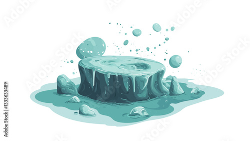Digital illustration of an abstract ice formation. The image depicts a central, irregularly shaped mass of ice, appearing to be melting, with icicles or drips hanging from its underside.  Smaller,