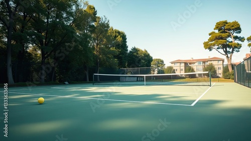 Wallpaper Mural Sunny Outdoor Tennis Court with Green Surface and Ball Torontodigital.ca