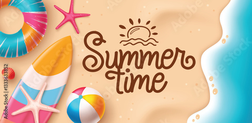 Hello time greeting text with summer vector elements on sea side. Summer greeting text with beach vector elements. Vector illustration.