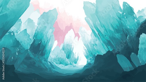 Digital illustration depicting an abstract cavern or cave filled with large, teal-colored crystal formations. The crystals are rendered with a soft, smooth texture and a luminous quality.  A