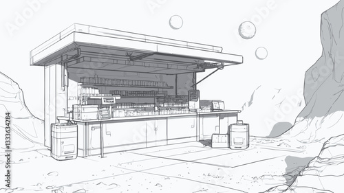 A grayscale line drawing depicts a minimalist futuristic outpost structure. The structure is boxy with a raised platform and appears to be situated in a desolate, possibly extraterrestrial,