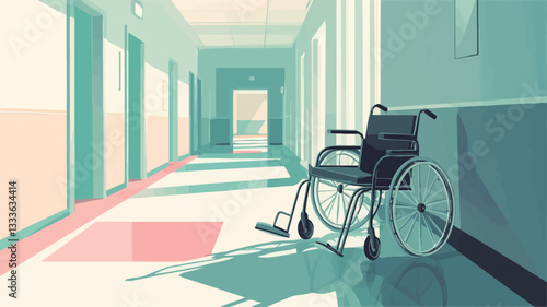 A vector illustration depicting an empty wheelchair positioned against a wall in a long hospital corridor. The corridor is rendered in pastel teal and pink tones, with light and shadow creating