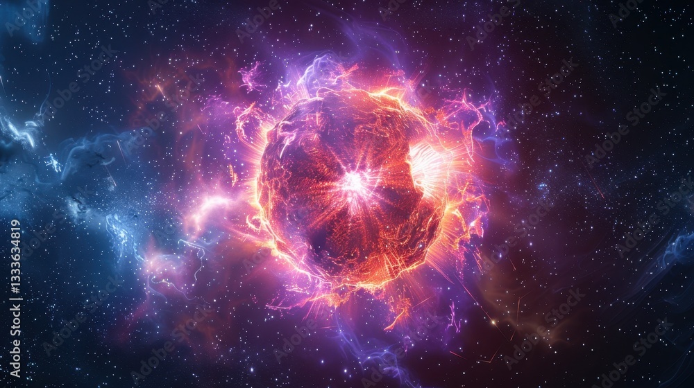 Produce a 3D glowing representation of a supernova explosion in space Produce a 3D glowing representation of a supernova explosion in space