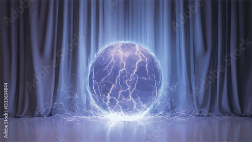 The image depicts a dark gray-purple sphere emitting bright purple and blue energy, resembling lightning bolts.  The sphere is centrally located against a backdrop of light gray, heavily draped