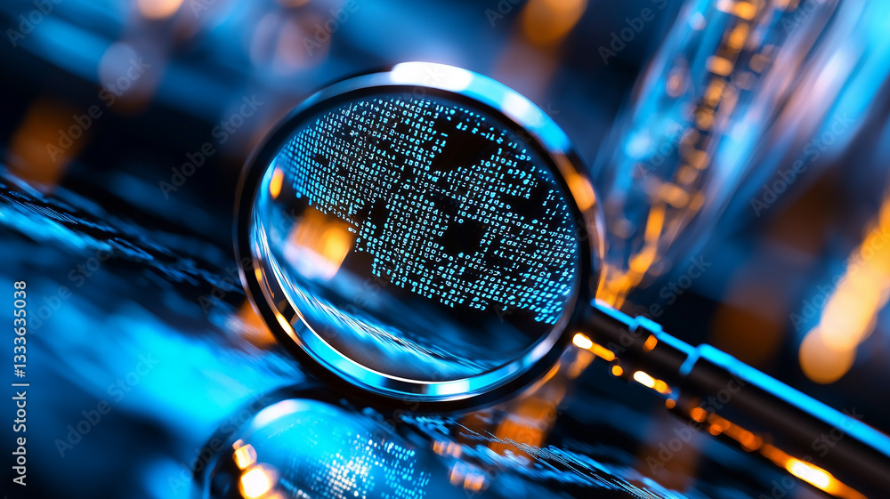 custom made wallpaper toronto digitalA Detailed IT Security Risk Assessment Concept Depicted with a Magnifying Glass Focused on Digital Binary Code in an Abstract Technological Atmosphere, Symbolizing Scrutiny and Protection