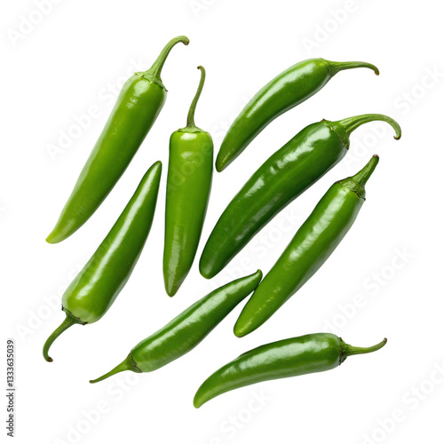 Fresh green chilis arranged on transparency background, perfect for cooking