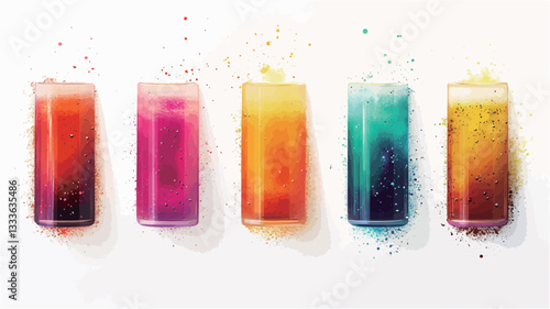 High-angle, close-up view of five shot glasses filled with vividly colored layered liquids.  Each glass contains at least two distinct colors creating a gradient effect.  The colors are diverse and
