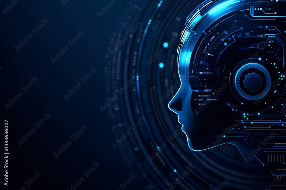 Fototapeta premium Artificial intelligence concept with human profile and digital elements. AI technology, machine learning, and data analysis visualization on dark blue background with copy space