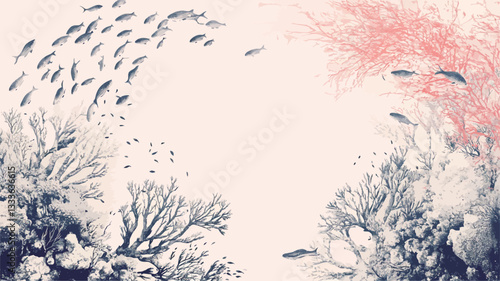The image is a stylized illustration or painting depicting an underwater scene. The central focus is a coral reef, rendered in shades of blue, grey, and white, with a delicate, almost abstract