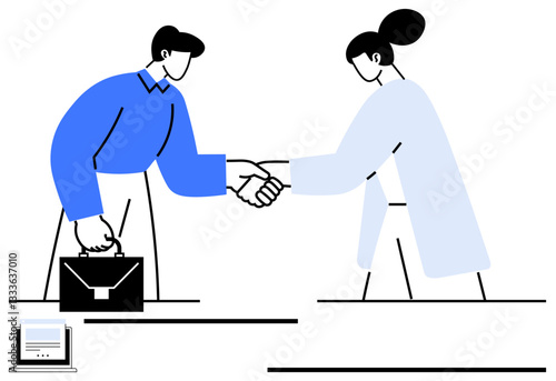 Two professionals shaking hands, symbolizing partnership and collaboration. Includes a briefcase and laptop. Ideal for business, networking, teamwork, collaboration, partnership, agreement corporate