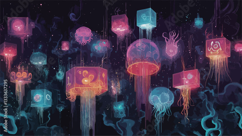 A digital illustration depicting numerous jellyfish-like forms with glowing, translucent bodies.  These forms are interspersed with luminous, geometric cubes of varying sizes and colors. The