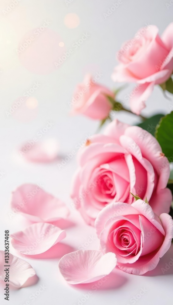 Soft pink rose petals scattered on a white background with a dreamy pastel sky, blossoms, roses, garden Soft pink rose petals scattered on a white background with a dreamy pastel sky, blossoms, roses, garden