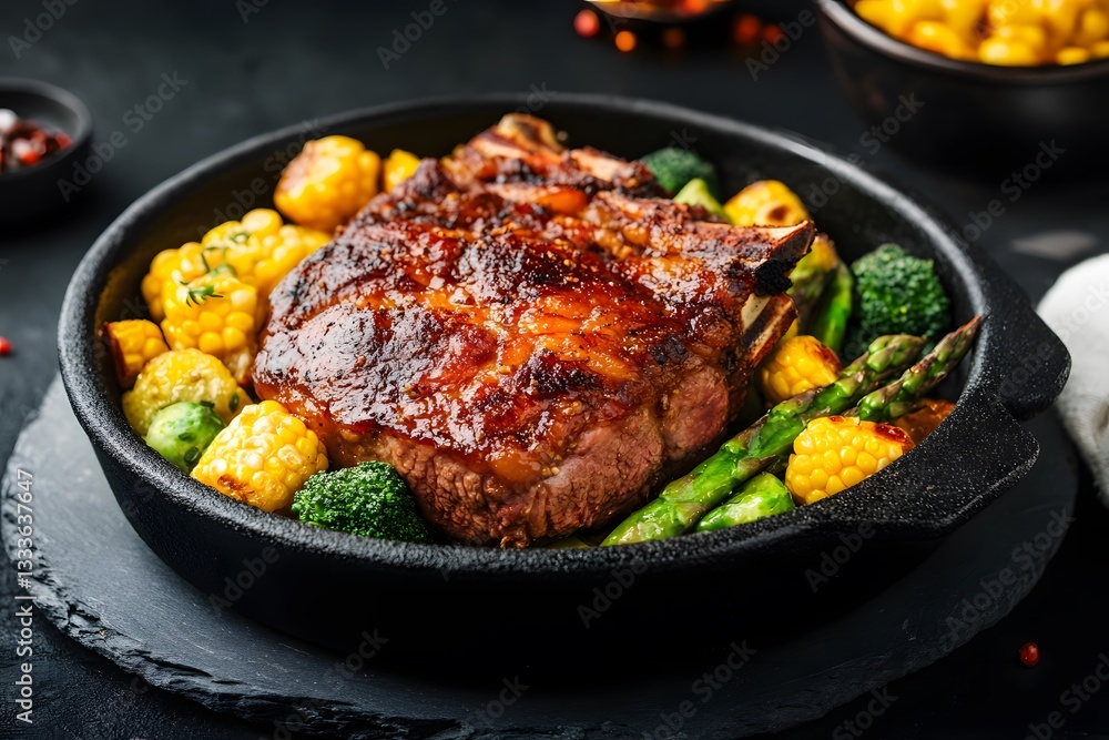 Fototapeta premium Grilled Tomahawk Steak with Roasted Vegetables in Cast Iron Skillet