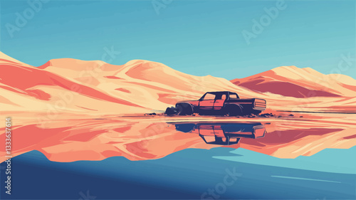 A digital illustration depicting a desert landscape with sand dunes under a clear sky. A truck is situated in the foreground, partially submerged in a reflective body of water, creating a mirage