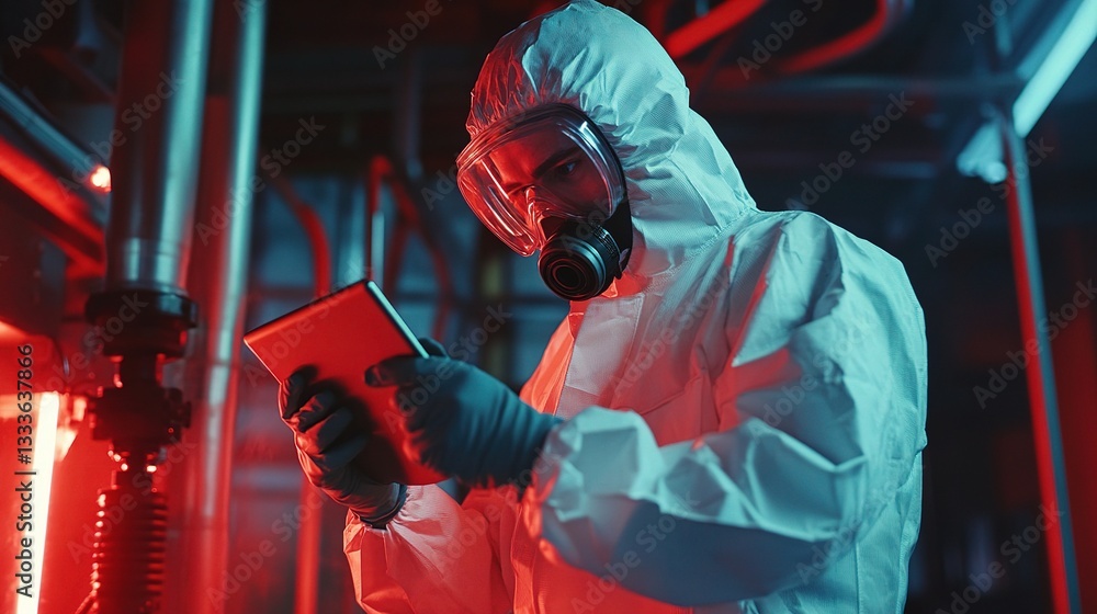 Young Worker in Protective Gear Operating Tablet in Industrial Setting Young Worker in Protective Gear Operating Tablet in Industrial Setting