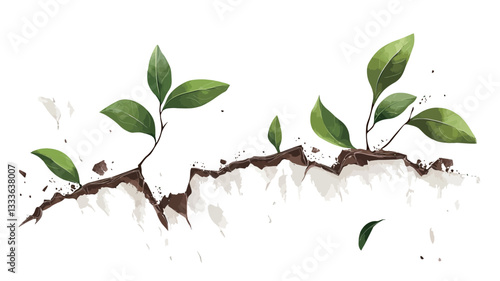 A digital illustration depicting several small seedlings emerging from a crack in the earth. The seedlings have bright green leaves and are rooted in dark brown soil.  The crack in the earth is