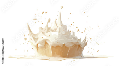 Close-up studio shot of a creamy, light beige liquid splashing against a pure white background. The liquid forms a dynamic crown-like shape with fine droplets and splashes radiating outwards. The