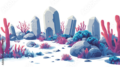 A digital illustration depicting a stylized underwater scene. The image features several large, light grey rocks of varying heights and shapes, reminiscent of ancient ruins or pillars.  These are