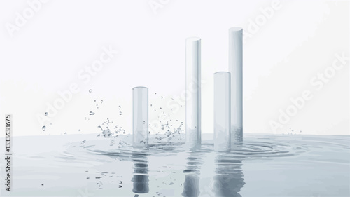 The image shows three glass cylinders of varying heights partially submerged in water.  The water is disturbed, creating splashes and ripples around the cylinders. The background is a bright white,