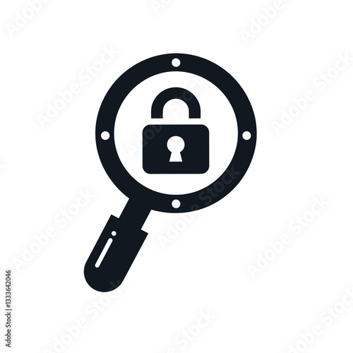Magnifying glass icon focusing on padlock symbol for security and protection analysis concept on a transparent background