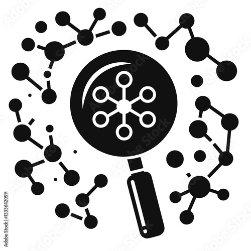 Magnifying glass icon analyzing molecular structure for scientific research and discovery concept on a transparent background