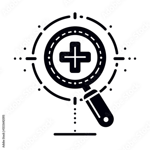 Magnifying glass icon focusing on plus sign for assistance and enhancement exploration concept on a transparent background