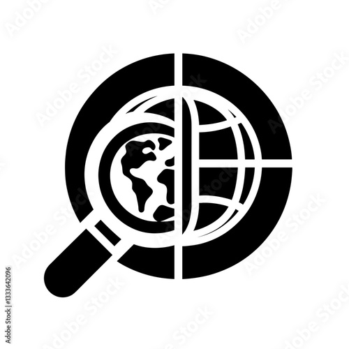 Magnifying glass icon examining globe for global exploration and discovery concept on a transparent background