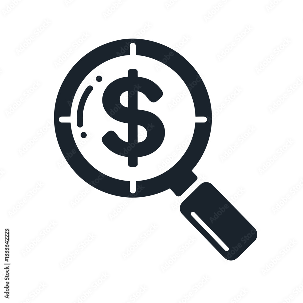 Magnifying glass icon examining dollar sign for financial analysis and investment concept on a transparent background Magnifying glass icon examining dollar sign for financial analysis and investment concept on a transparent background