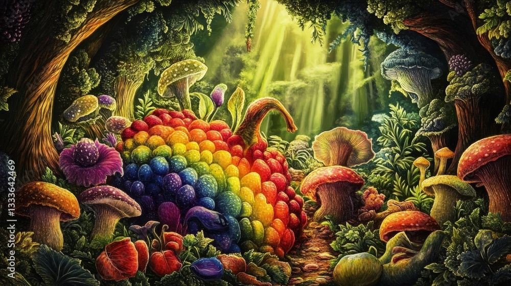 Fototapeta premium Rainbow Fruit, a symbol of eternal life, was believed to bloom once every century. Its radiant colors represented the cycle of life, death, and rebirth