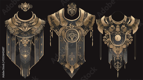 Digital illustration showcasing three distinct designs of ornate necklaces or amulets. Each piece features a central dark panel accented with intricate gold detailing, including geometric shapes,