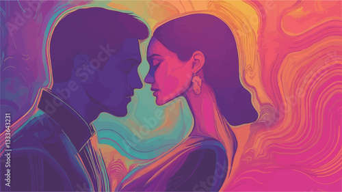 A digital illustration depicting a close-up portrait of a man and a woman, their faces nearly touching. The style is abstract and stylized, with the figures rendered in shades of purple and pink