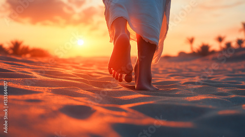 Closeup of Jesus feet walking on sand towards the rising sun. Concept Religious Art, Spiritual Photography, Inspirational Images