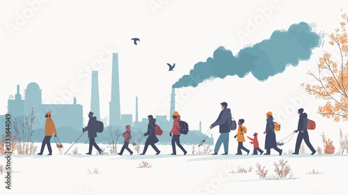 The illustration depicts a group of people, primarily silhouetted, walking in a snowy landscape.  They are carrying bags and appear to be migrating. In the background, a cityscape featuring