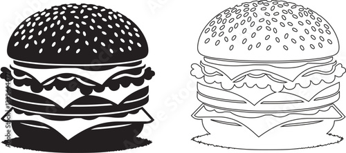 A minimalist black and white vector illustration of a classic hamburger with a sesame seed bun, lettuce, cheese, and multiple layers.