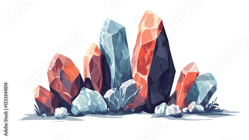 A digital painting depicting a cluster of stylized crystals in shades of red, orange, and blue. The crystals are depicted in a painterly style with visible brushstrokes.  They are sharply defined