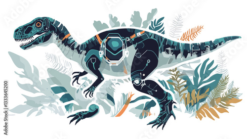 A digital illustration depicting a cyborg dinosaur rendered in shades of teal, blue, and black. The dinosaur is depicted with visible mechanical components integrated into its body, suggesting a