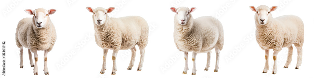 A herd of fluffy white sheep standing together in a peaceful rural setting A herd of fluffy white sheep standing together in a peaceful rural setting