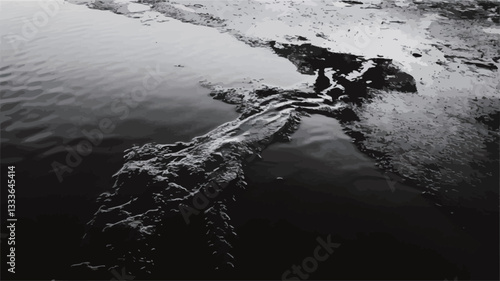 A high-angle, black and white photograph depicting two individuals working in a riverbed.?The image is predominantly grayscale with high contrast. The focus is on a large fishing net or similar