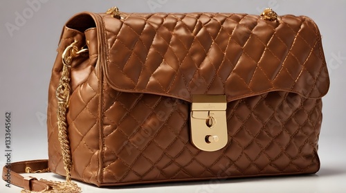 Brown quilted leather bag showing stitching and golden closure.generative.ai
