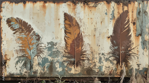 Close-up shot of a rusted metal surface with three feather imprints. The feathers are predominantly brown and orange hues, appearing imprinted or pressed onto the metal. The metal exhibits